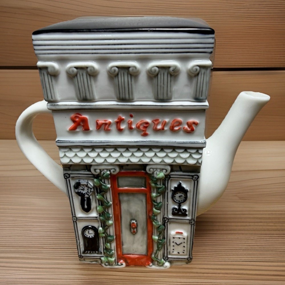 VTG Ceramic Antique Shop Figural 3-D Building Teapot w Roof Lid Hand Painted